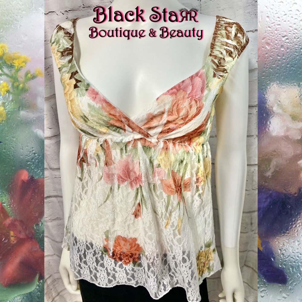 White w/multi-colored floral print feminine flowing sheer lace tank top. Sz Md